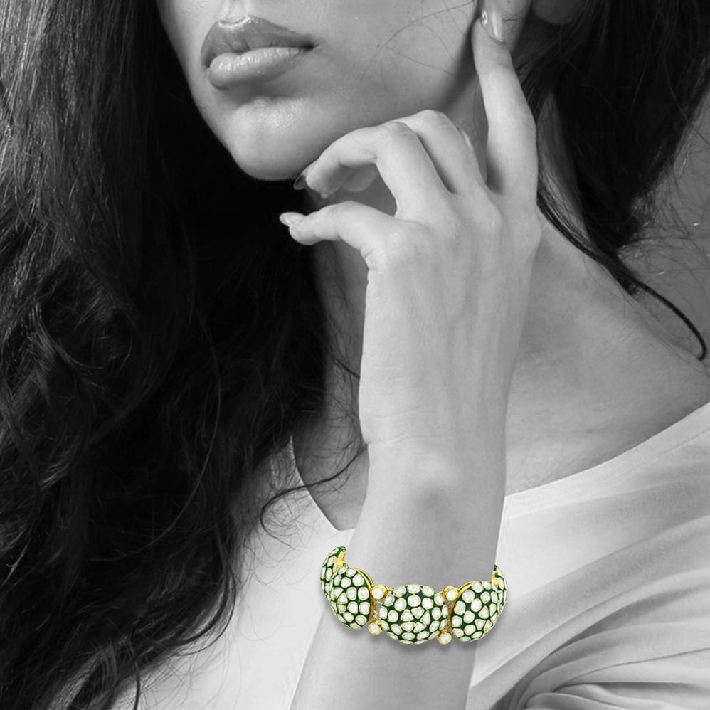 Dome Polki Cluster Bracelet with Green Enamel